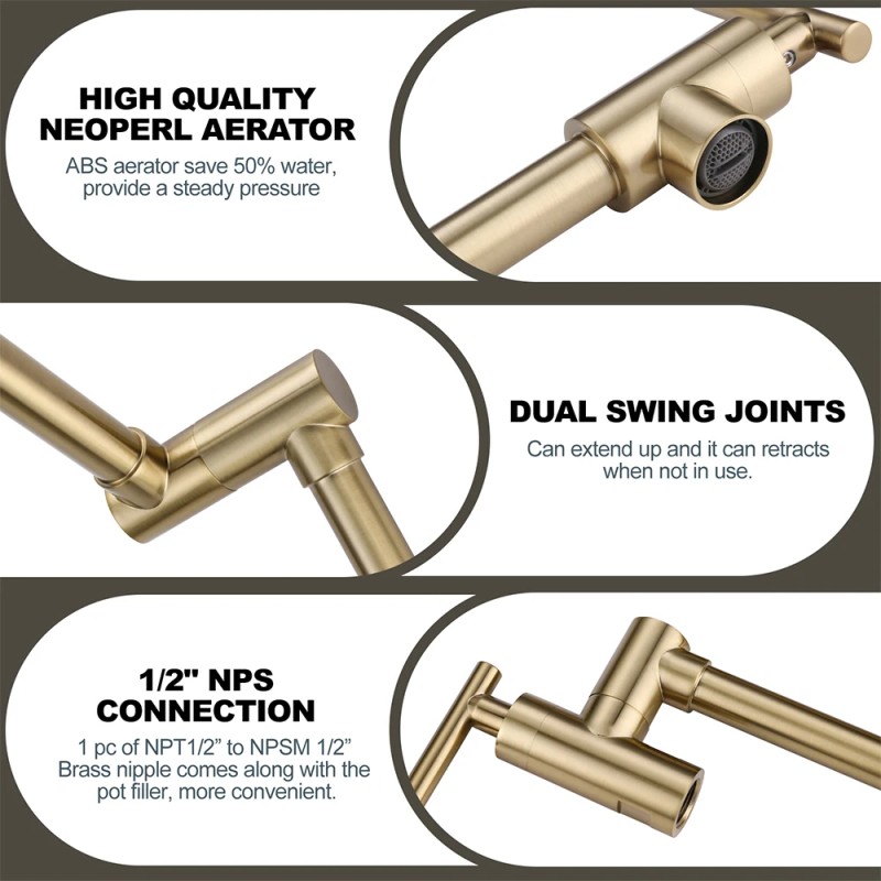 Pot Filler Faucet Gold Wall Mount Kitchen Faucet Folding Double