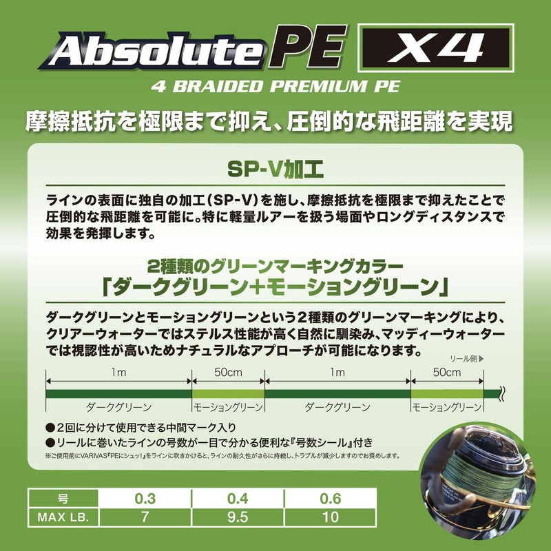 VARIVAS Absolute PE X4 150m Green Marking Color No. 0.4