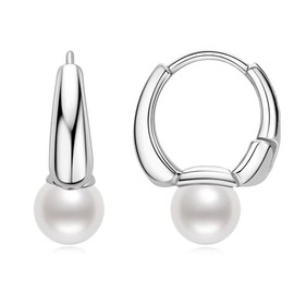 FASHGOOD Sterling Silver Pearl Hoop Earrings for Women, Small White Pearl Drop Earrings Hypoallergenic Silver Hoop Earrings