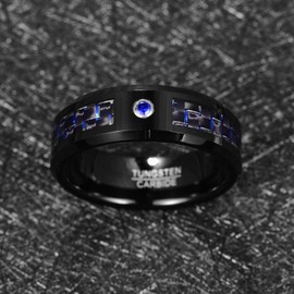 CHALAIR 8mm Black Tungsten Wedding Ring for Men Women Blue and Black Carbon Fiber Band with Zircon Inlaid 8mm Comfort Fit Size O