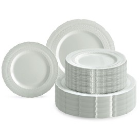 " OCCASIONS " 120 Plates Pack,(60 Guests) Extra Heavyweight Vintage Wedding Disposable/Reusable Plastic Plates 60 x11'' Dinner +60 x 8.25'' Salad/Dessert Plate (Chatesau Light Gray)