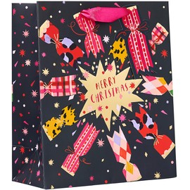 Design By Violet Merry Christmas Cracker Design Gift Bag with Gift Tag - Medium - Gift Bag for Christmas, Gift Wrap, Christmas Wrapping Paper, Xmas, Festive Gift Bag