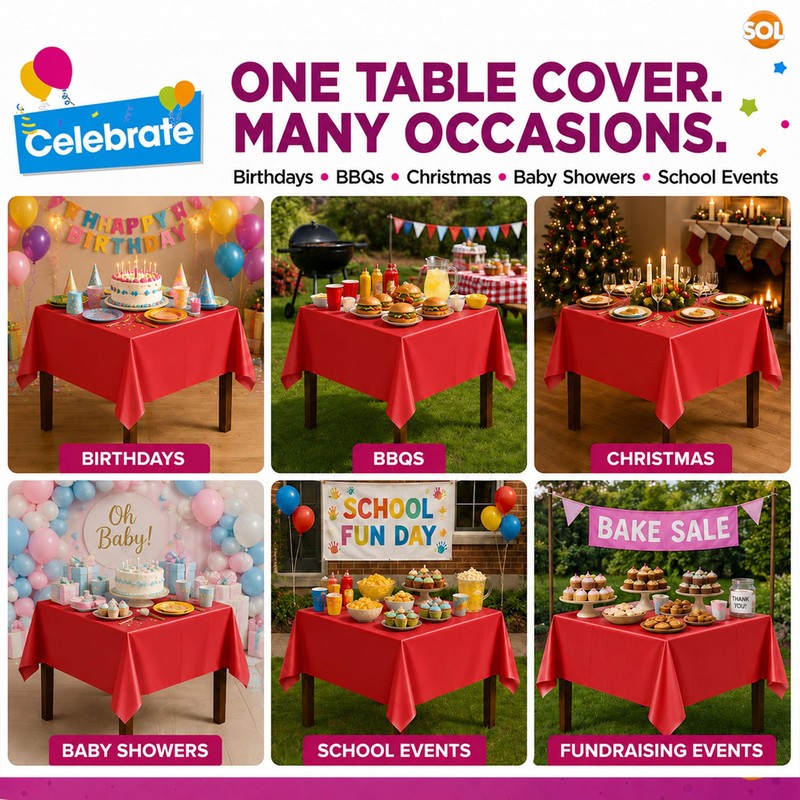 SOL 6pk Red Table Cloth - Disposable Waterproof Plastic Party
