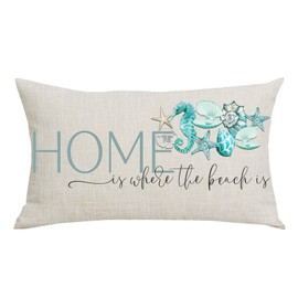 WENIANRU Black Blue Word Art Home is Where The Beach is Summer Home Sofa Chair Bed Decoration Lumbar Pillowcase Cotton Linen Decorative Throw Pillow Cover Case Rectangular 12 x 20 Inches