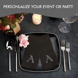 50-Pack Linen-Feel Mongrammed Napkins Black Paper, 12" x 17" Silver Foil Letter A Napkins Disposale, Initial Guest Towels For Wedding, Bathroom, Party, Baby Shower, Or Event