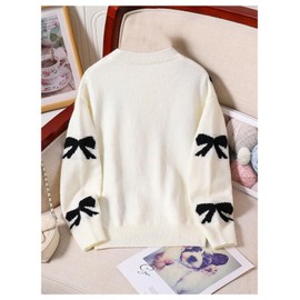RoseSeek Girl's Bow Graphic Sweaters Crewneck Long Sleeve Knit Pullover Tops Drop Shoulder Knitwear Black and White 10Y