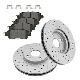 Fraxle Front Drilled & Slotted Disc Brake Rotors and Ceramic Brake Pads kit for Toyota Yaris 2017 2018 2019 2020, Scion iA 2016