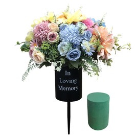 Metal Grave Memorial Vase Flower Holder in Ground Cemetery Vase Grave Decorations with Spikes and Floral Foam (Round) Black