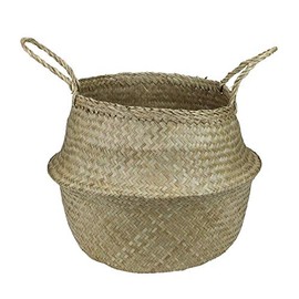 15" Brown Seagrass Wide Belly Wicker Basket with Handles