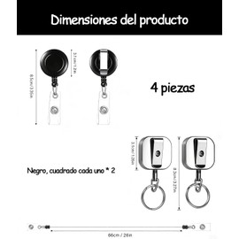 4 Piezas Llavero Retr?ctil, Porta Gafete Retractil para Oficina y Exteriores, Porta Gafete Hombre con Dise?o Cuadrado y Negro, Material Aleaci?n con Cable Acero, Dimensiones 8.3 Cm y 8.5 Cm