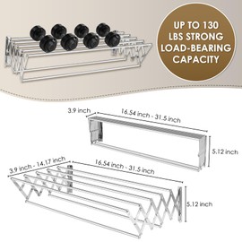 XL-31.5" Wall Mounted Clothes Drying Rack, 130 LBS Large Capacity Rustproof Retractable Clothes Rack, Collapsible Drying Rack Easy to Install with 7 Drying Rods, Space Saving for Laundry-White