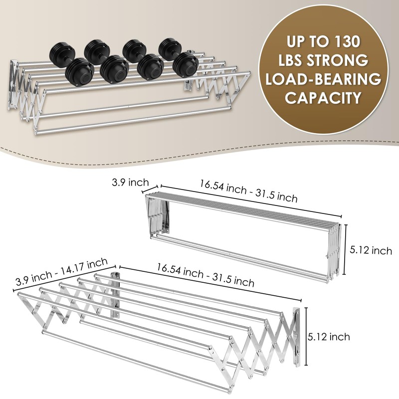 XL-31.5" Wall Mounted Clothes Drying Rack, 130 LBS Large Capacity