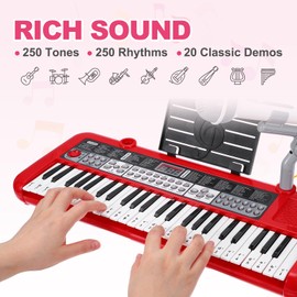 RIVVTA 49-Key Electric Piano Keyboard Portable Piano Learning Instrument - 250 Tones, Microphone, Lightweight Design with Power Supply