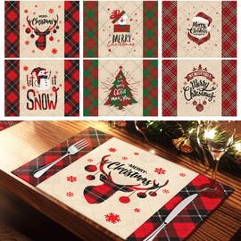 NiHome - Juego de 6 manteles individuales navideños de lino para mesa de comedor, varios diseños, Santa Claus, muñeco de nieve, árbol de Navidad, caja de regalo, reno, antideslizantes