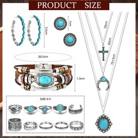 HAIAISO Western Jewelry For Women Turquoise Pendant Necklace Western Drop Dangle Earrings Turquoise Faux Leather Layered Bracelets Boho Knuckle Rings Set Bohemian Turquoise Jewelry Set
