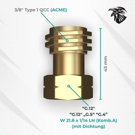 Rabenburg Adaptor for USA Gas Regulator to German Propane Gas Bottle - 3/8 Inch QCC Type 1 (Acme) to G.12 W21.8 x 1/14 LH - Adapter for American Gas Grills