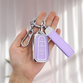 Seedwee for Toyota 4 Buttons Key Fob Cover, Soft TPU Protector Bling Key Fob Keychain for 2019-2024 Venza, RAV4 Prime, Land Cruiser, Fortuner, Grand Highlander, Corolla Cross, Hilux, Silver Purple