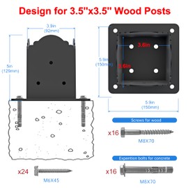 CHICAURA 4x4 Post Base(４-Pack), Heavy-Duty Post Bracket (3.6 x 3.6 Inch Inner Size), Decorative Powder-Coated Wood Post Anchors for Pergolas, Fences, Decks, Come with Wood Screws and Concrete Anchors