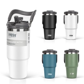 TYESO Tumbler with Straw, 20.3 fl oz (600 ml), Coffee, Water Bottle, Thermos, Hot and Cold Kettle with Handle, Vacuum Insulated, Double Layer, Wide Mouth, Large Capacity, Direct Drinking, Leak Proof, Home Office Outdoors, Girls, Boys, White