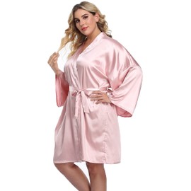 Women's Plus Size Satin Kimono Robes Short Silk Bathrobe Bridesmaid Wedding Party Nightgown Sleepwear Pink