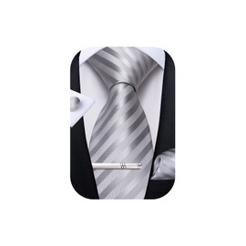 DiBanGu - Corbata de seda para hombre, color sólido, corbata y bolsillo cuadrados, corbata de gemelos para hombres, bodas, fiestas, 04 Plata, Talla única