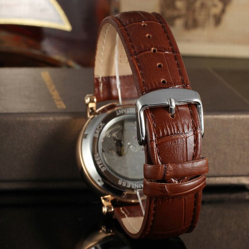 FORSINING Male Automatic Watch PU Leather Strap Analog Wristwatch(White Rose
