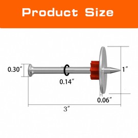 MyyYiTar 100 pcs 3" Powder Actuated Fasteners Round Nails .30" Head Diameter and 1" Washer with Red Flute Drive Pins for Powder Fastening & Power Framing Systems