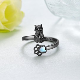Black Cat Ring 925 Sterling Silver Adjustable Moonstone Cat Ring Animal Jewelry Gifts for Women, Sterling Silver, No Gemstone