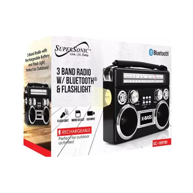 Supersonic SC-1097BT 3 Band Radio With Bluetooth, Flashlight AM/FM/SW Black