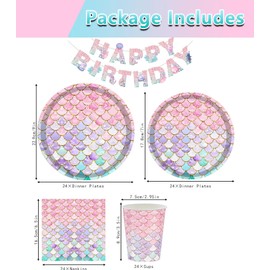 Juego de 145 piezas de vajilla de fiesta de sirena, sirve 24 unidades, platos y servilletas de papel de princesa, tenedores, manteles, pancartas de cumpleaños, para bodas, fiestas de baby shower