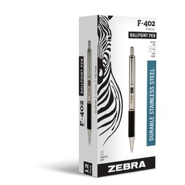Zebra Pen F-402 Stainless Steel Retractable Ballpoint Ink Pens 12-Pack, Black Ink, 0.7mm Fine Point, Easy-Glide Ink, Non-Slip Grip, Metal Clip, Refillable With F-Refill (29210)
