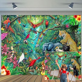 7X5ft Jungle Theme Photo Backdrop Photography Background, Tropical Rainforest Animal Adventure Scenic Backdrops Photo Booth Prop Decorations Wall Decor Tablecloth