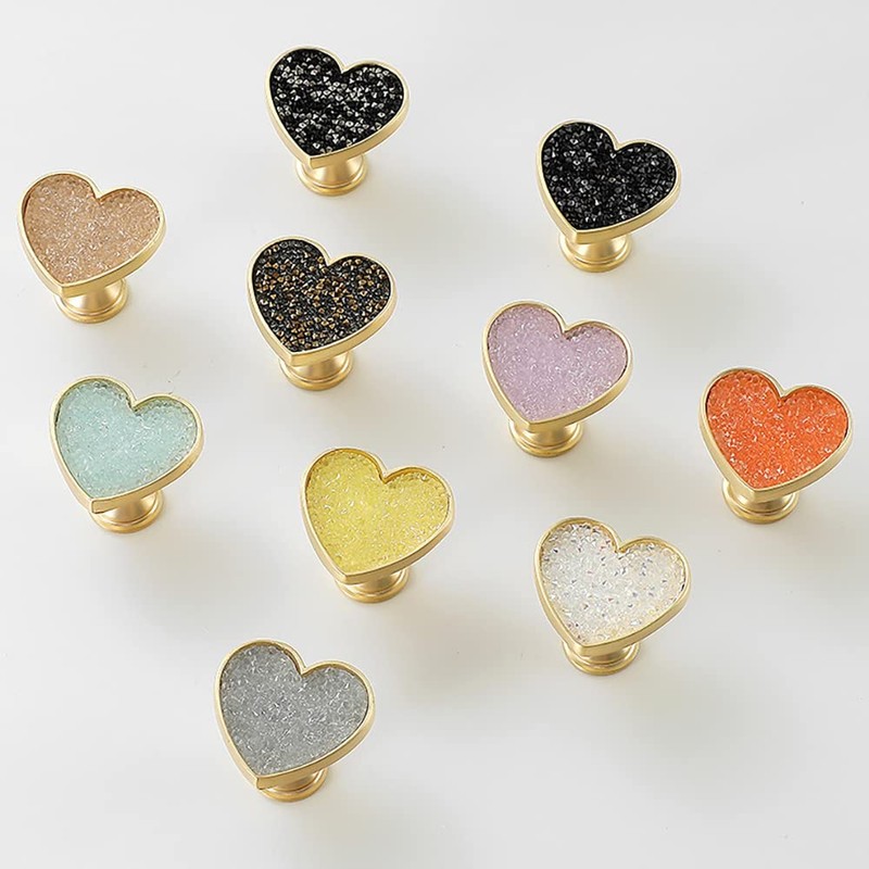 YOUYOUULU 4Pcs Shining-Purple-Crystal-Diamonds-Drawer-Knobs, Golden-Brass-Heart-Dresser-Pulls, Love-Mid-Century-Cabinet-Cupboard-Handles (Purple Crystal)