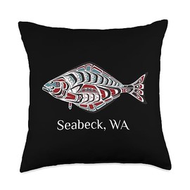 Seabeck Washington Native American Tribal Halibut Seabeck Washington PNW Art Native American Halibut Tribal Throw Pillow, 18x18, Multicolor