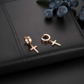 Flongo Men's and Women's Creole Earrings Stainless Steel Silver Black Gold with Cross Pendant Vintage Style, Stainless Steel, Silver/rose gold