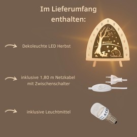 weigla - Decorative Light Original Ore Mountains I Autumn Motif I 1 LED Lamp I 0.8 W, E14 I Autumn Decoration Indoor I Autumn Lighting Made of Wood I Window Decoration