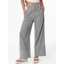 ANRABESS Womens Gingham Striped Boxer Pants Pajama Lounge PJ Bottoms Plaid Wide Leg Casual Cute Fall Trousers with Pockets Black White Stripe Large