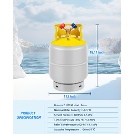 FAHKNS Refrigerant Tank 50 LB Reusable Recovery Cylinder Tank 1/4 SAE Y-Valve for Liquid/Vapor HVAC Recovery Can Without Float Switch Gray Yellow for R12, R22, R134A, R410A, Butane, Propane