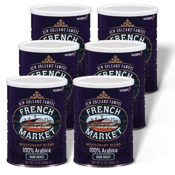 French Market Coffee, Restaurant Blend, Dark Roast Ground Coffee, 12 Ounce Metal Can (Pack of 6)