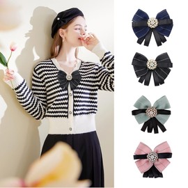 JKQBUX Pearl Bow Brooch Pre Tied Neck Tie Brooch Pin Clip Ribbon Plaid Bow Tie for Women Wedding Party (Black)