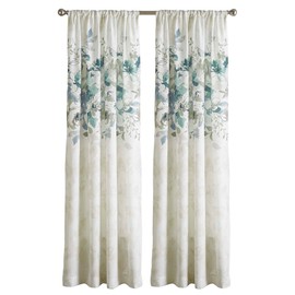 CHF Watercolor Floral Print Single Curtain Panel - Flip Over Rod Pocket Design - 50" x 84", Aqua