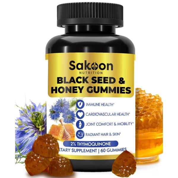 Sakoon nutrition Black Seed Oil & Honey Gummies W/ 2%+ THYMOQUINONE | Nigella Sativa Seeds| Super antioxidant for Immune Support, Joints, Digestion, Hair & Skin | 60 Gummies