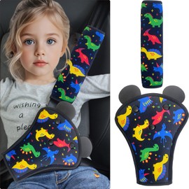 QUNXON Children's Seat Belt Pad Set, Adjustable Car Seat Belt Pads, Waist Belt Pads, Removable Belt Protection, Children's Car, Shoulder Pad/Belt Protector for More Comfort on the Travel (Dinosaur