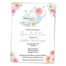 Tea Party Bridal Shower Invitations English Themed Customizable Invites with Envelopes (12 Count)