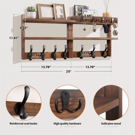 29" Coat Rack Wall Mount with Shelf, Pine Two-Tier Wall Shelf Mounted Coat and Key Hanger with 7 Heavy Duty Hooks 4 Key Hooks, Entryway Key Holder with Mail Holder for Bedroom,Living Room (Brown)