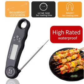 Digital Instant Read Meat Thermometer, Waterproof Kitchen Thermometer, Cooking Food Thermometer with Backlight LCD, Auto On/Off for Deep Fry Grilling Smoker BBQ Milk Water (Black)