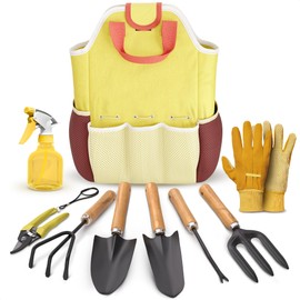 Garden Tools Set of 9 - Rust-Proof Steel Gardening Tools with Solid Wood Handles, Portable Multipocket Bag, and Protective Gloves - Versatile Gardening Supplies for Planting, Trimming, and Clearance