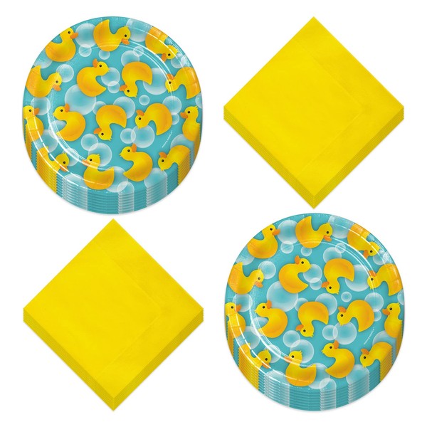 Rubber Duck Party Supplies - Bubble Bath Paper Dessert Plates and Beverage Napkins (Serves 16)