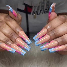 IMSOHOT Press on Nails Long Square Fake Nails Blue Pink French Tips False Nails with 3D Designs Designs Full Cover Acrylic Artificial Glue on Nails Glossy Stick on Nails for Women 24Pcs