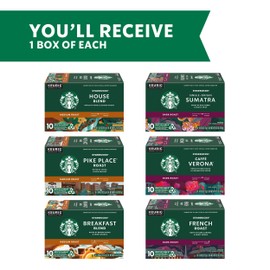 Starbucks K-Cup Coffee Pods, Medium And Dark Roast Coffee Variety Pack for Keurig Brewers, 100% Arabica, 6 Boxes (60 Pods Total)